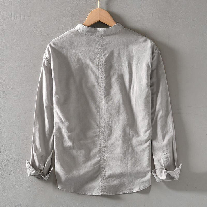 Camisa de lino y algodón con manga larga y medio botón de color liso con Buddha Stones para hombre - image 4