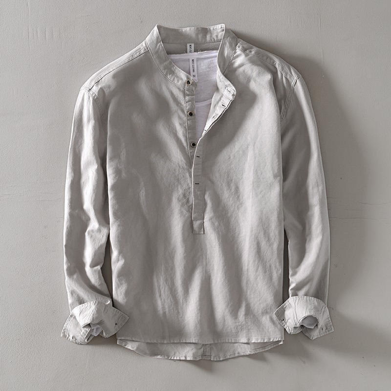 Camisa de lino y algodón con manga larga y medio botón de color liso con Buddha Stones para hombre - Gainsboro - US/UK/AU40, EU50 (2XL) - image 3