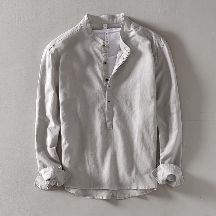 Camisa de lino y algodón con manga larga y medio botón de color liso con Buddha Stones para hombre - Gainsboro - US/UK/AU40, EU50 (2XL) - image 3