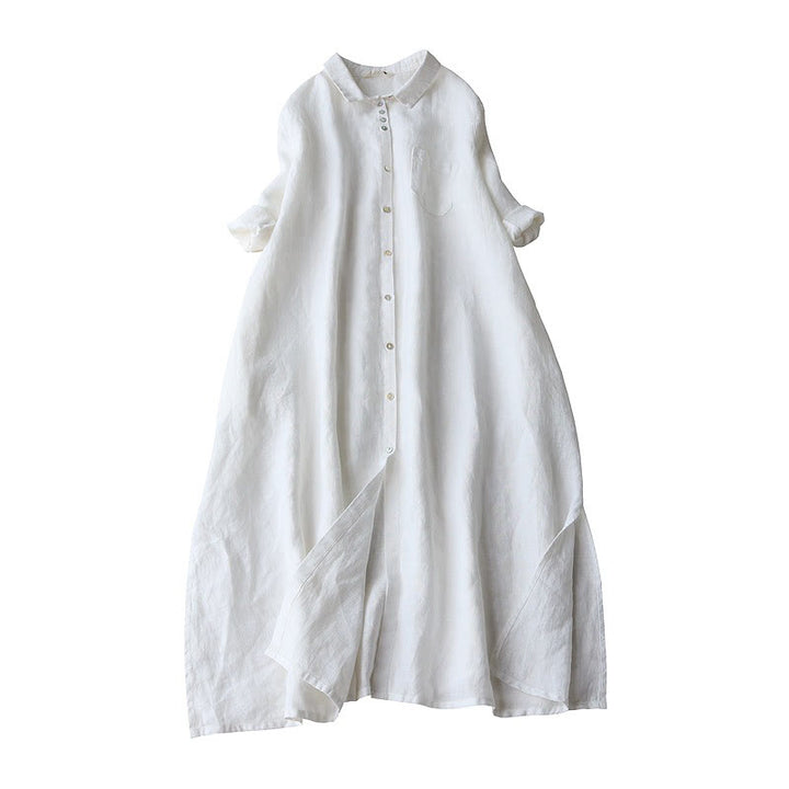 Vestido midi de lino y algodón con solapa, mangas tres cuartos y bolsillos, diseño de botones con Buddha Stones - Blanco - US8-10，UK/AU12-14，EU40-42 (2XL) - image 6