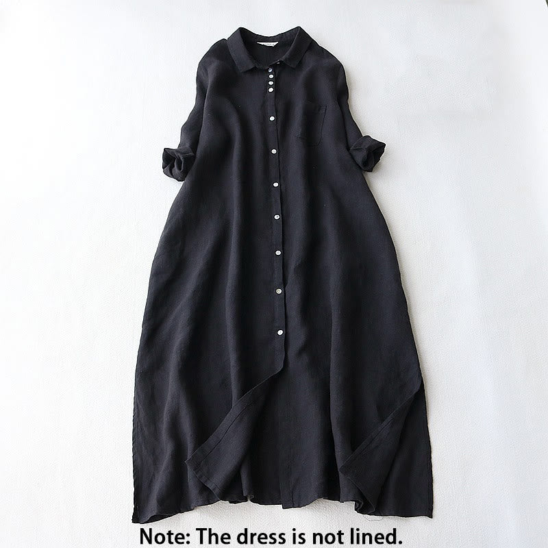 Vestido midi de lino y algodón con solapa, mangas tres cuartos y bolsillos, diseño de botones con Buddha Stones - image 2