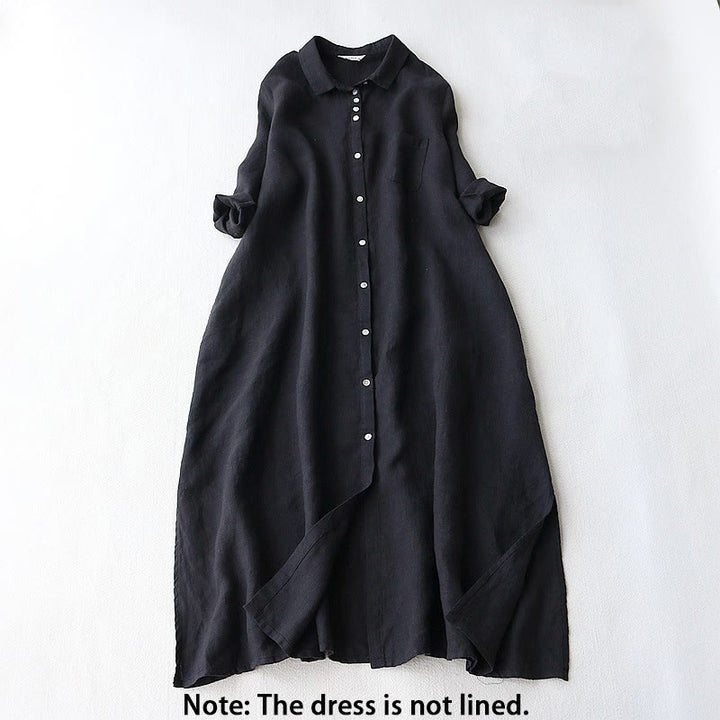 Vestido midi de lino y algodón con solapa, mangas tres cuartos y bolsillos, diseño de botones con Buddha Stones - image 2
