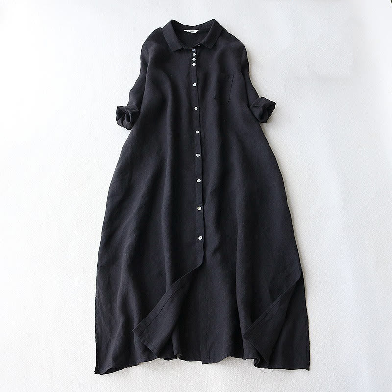 Vestido midi de lino y algodón con solapa, mangas tres cuartos y bolsillos, diseño de botones con Buddha Stones - Negro - US8-10，UK/AU12-14，EU40-42 (2XL) - image 1