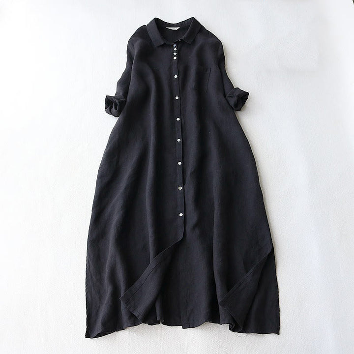 Vestido midi de lino y algodón con solapa, mangas tres cuartos y bolsillos, diseño de botones con Buddha Stones - Negro - US8-10，UK/AU12-14，EU40-42 (2XL) - image 1