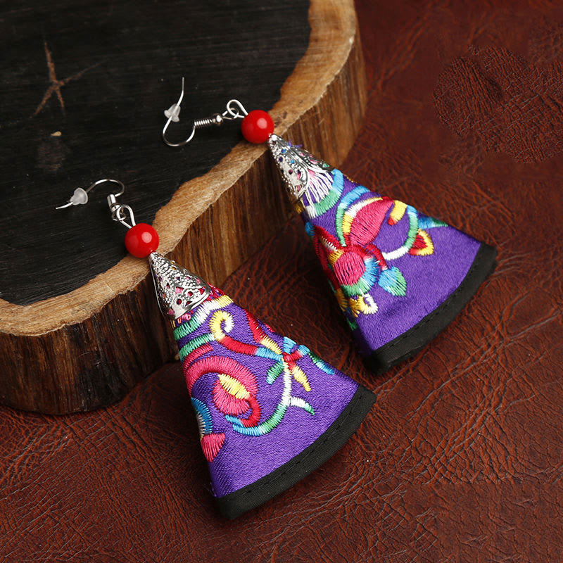 Pendientes de armonía con bordado Yi en forma de abanico y Buddha Stones hechos a mano - Púrpura (postes de aleación) - image 5
