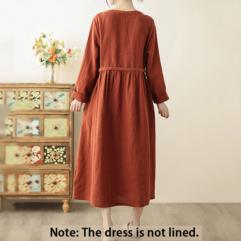 Vestido midi de algodón con mangas largas y bolsillos, diseño con cordones en naranja y rojo de Buddha Stones - image 2