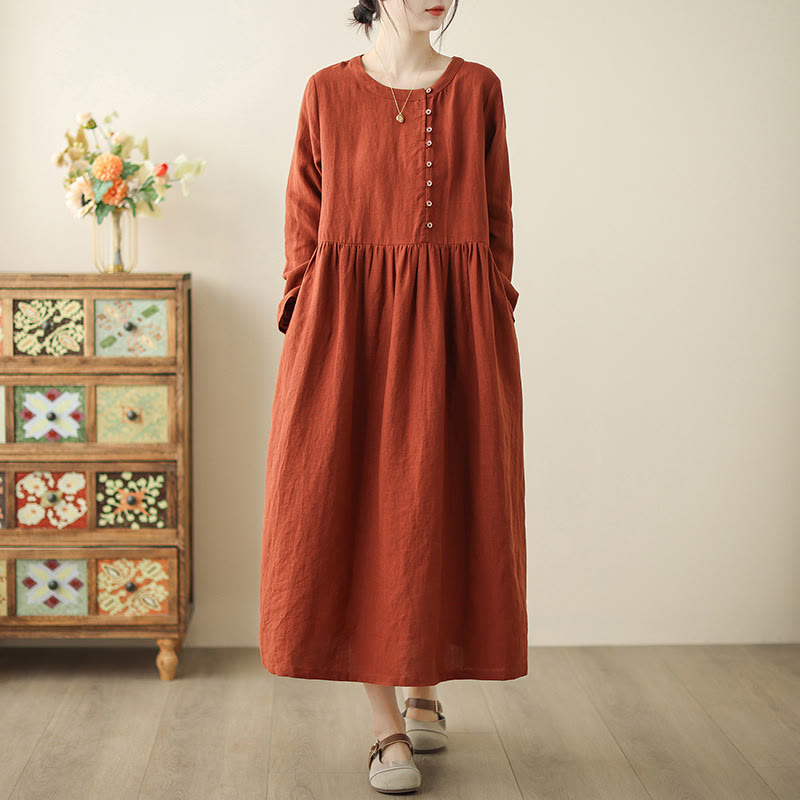 Vestido midi de algodón con mangas largas y bolsillos, diseño con cordones en naranja y rojo de Buddha Stones - NaranjaRojo - US8-10，UK/AU12-14，EU40-42 (2XL) - image 1