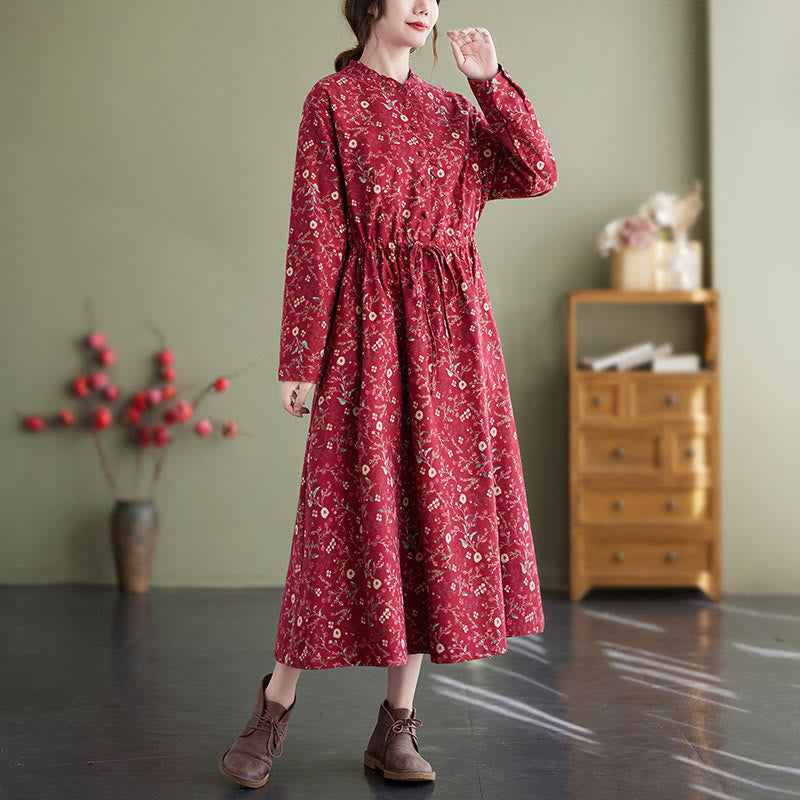 Vestido midi de lino y algodón con estampado étnico de Buddha Stones, manga larga, cordón ajustable y bolsillos - Carmesí - US8-10，UK/AU12-14，EU40-42 (2XL) - image 6
