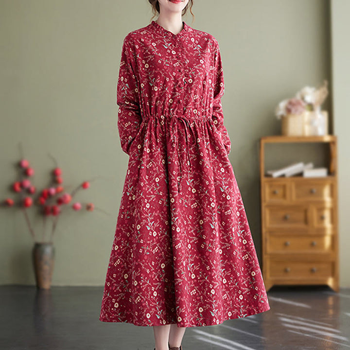 Vestido midi de lino y algodón con estampado étnico de Buddha Stones, manga larga, cordón ajustable y bolsillos - image 10