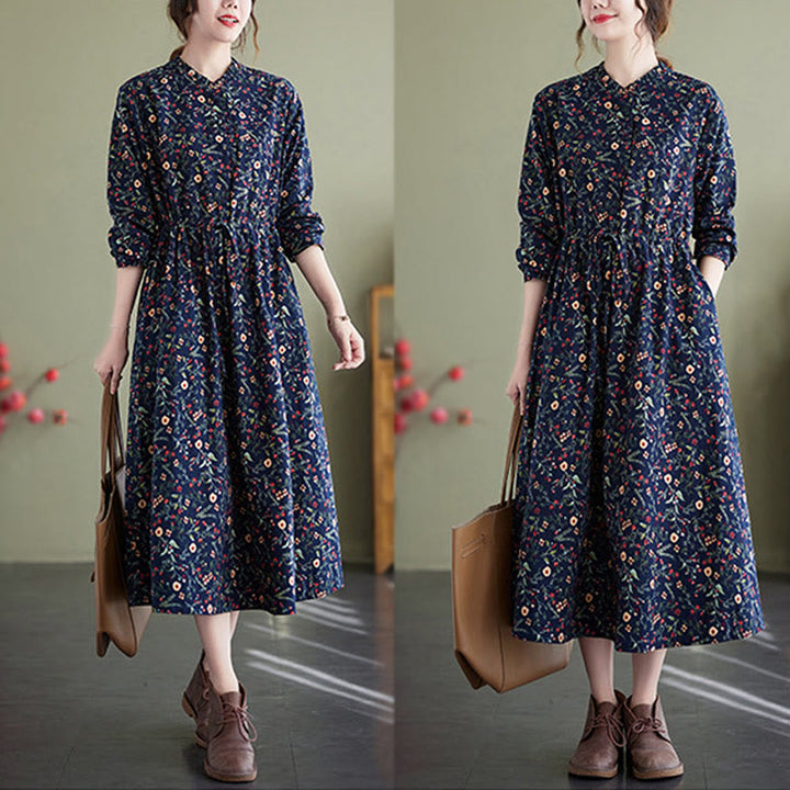Vestido midi de lino y algodón con estampado étnico de Buddha Stones, manga larga, cordón ajustable y bolsillos - image 4