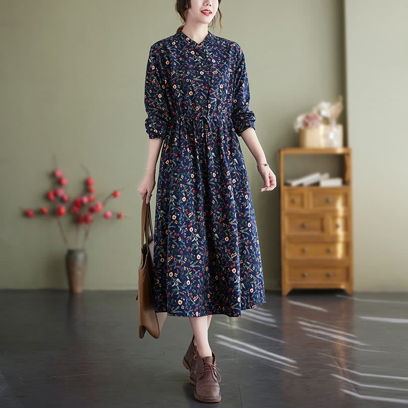 Vestido midi de lino y algodón con estampado étnico de Buddha Stones, manga larga, cordón ajustable y bolsillos - Azul medianoche - US8-10，UK/AU12-14，EU40-42 (2XL) - image 1