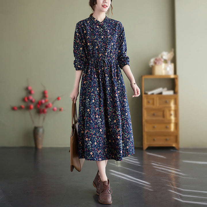Vestido midi de lino y algodón con estampado étnico de Buddha Stones, manga larga, cordón ajustable y bolsillos - Azul medianoche - US8-10，UK/AU12-14，EU40-42 (2XL) - image 1
