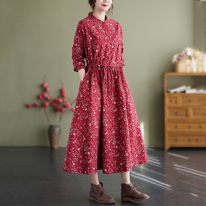 Vestido midi de lino y algodón con estampado étnico de Buddha Stones, manga larga, cordón ajustable y bolsillos - image 8