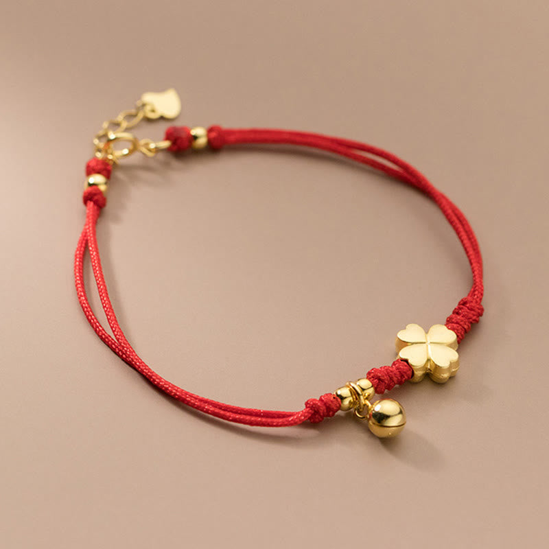 Pulsera Buddha Stones de plata de ley 925 bañada en oro con trébol de cuatro hojas y hilo rojo - image 1