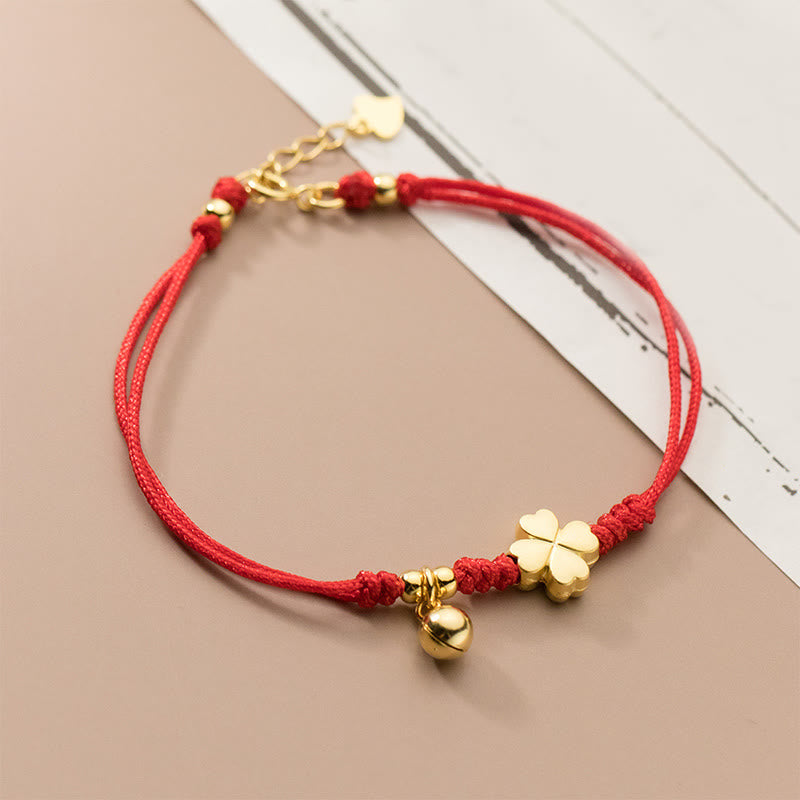 Pulsera Buddha Stones de plata de ley 925 bañada en oro con trébol de cuatro hojas y hilo rojo - Plata de ley 925 (circunferencia de la muñeca: 15-17 cm) - image 0