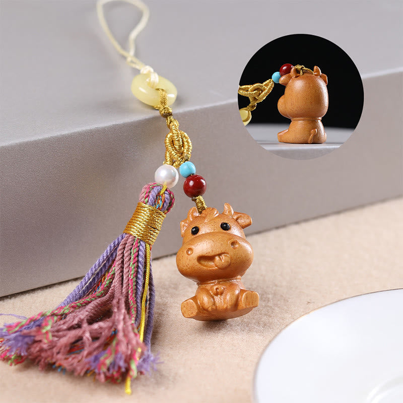 Llavero con borlas coloridas y Buddha Stones de sándalo, 12 bendiciones del zodiaco chino - Buey - image 12