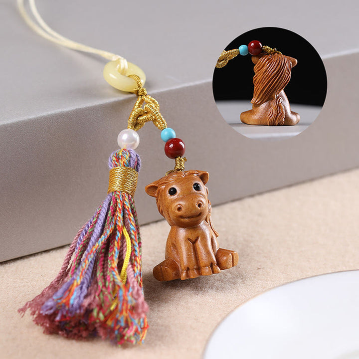 Llavero con borlas coloridas y Buddha Stones de sándalo, 12 bendiciones del zodiaco chino - Caballo - image 23