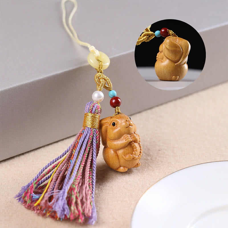 Llavero con borlas coloridas y Buddha Stones de sándalo, 12 bendiciones del zodiaco chino - Conejo - image 19