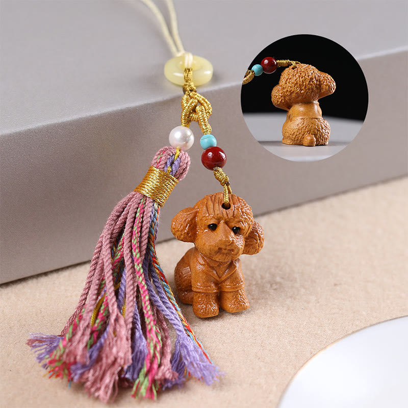 Llavero con borlas coloridas y Buddha Stones de sándalo, 12 bendiciones del zodiaco chino - Perro - image 31