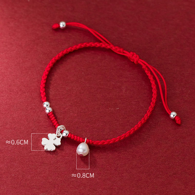 Pulsera retro Buddha Stones de plata de ley 925 con trébol de cuatro hojas, perla y hilo rojo de la suerte - image 8