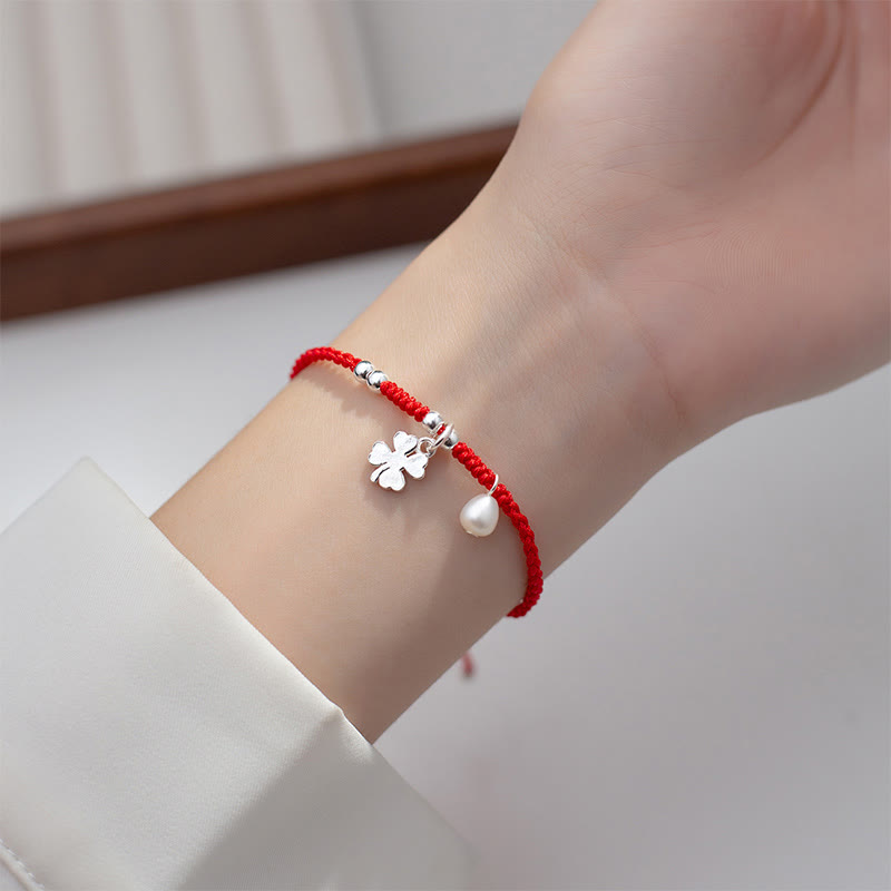 Pulsera retro Buddha Stones de plata de ley 925 con trébol de cuatro hojas, perla y hilo rojo de la suerte - image 9