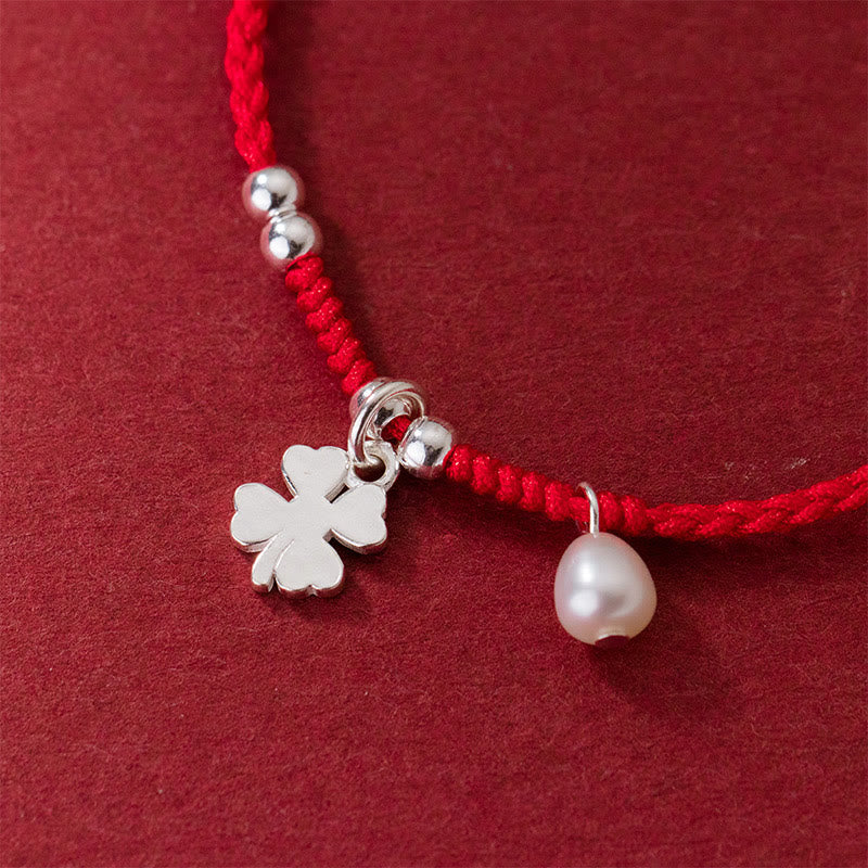 Pulsera retro Buddha Stones de plata de ley 925 con trébol de cuatro hojas, perla y hilo rojo de la suerte - image 3