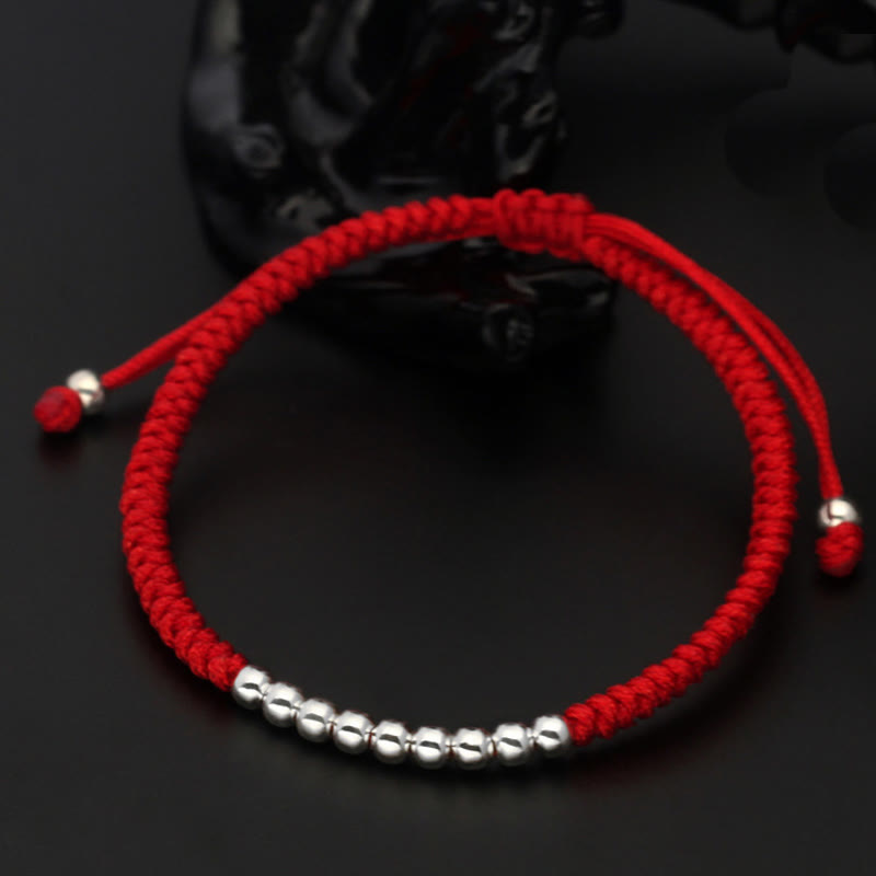 Pulsera de la suerte con cuentas simples de Buddha Stones en plata de ley 925 estilo retro con nudo - Plata de ley 925 (circunferencia de la muñeca: 15-22 cm) - Rojo - image 0