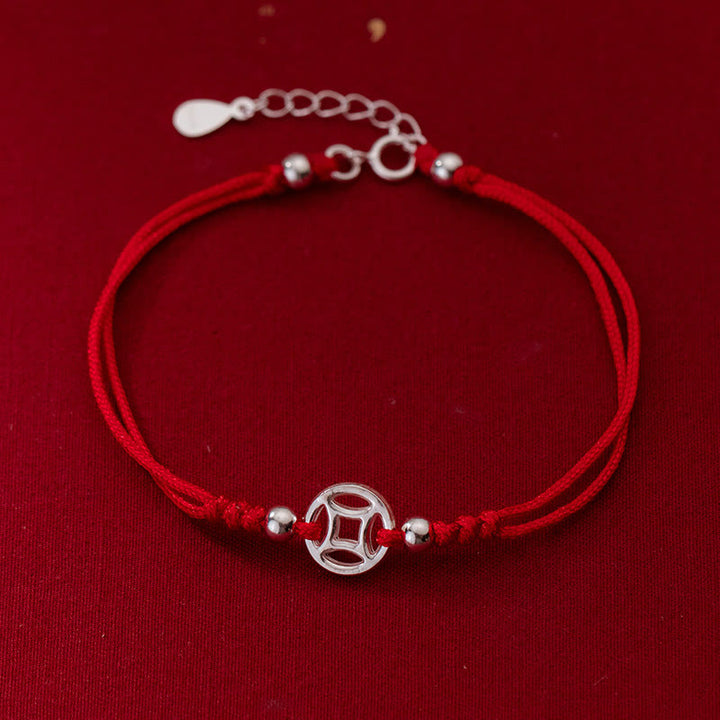 Pulsera de hilo de la suerte con monedas de cobre huecas de plata de ley 925 con Buddha Stones - Plata de ley 925 (circunferencia de la muñeca: 15-18 cm) - image 1