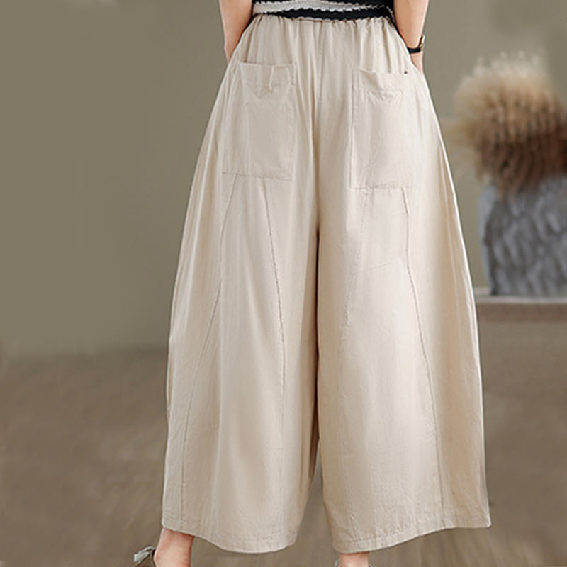 Pantalones casuales Buddha Stones de algodón liso para mujer, de pierna ancha, con bolsillos, tallas 7-8 - image 5