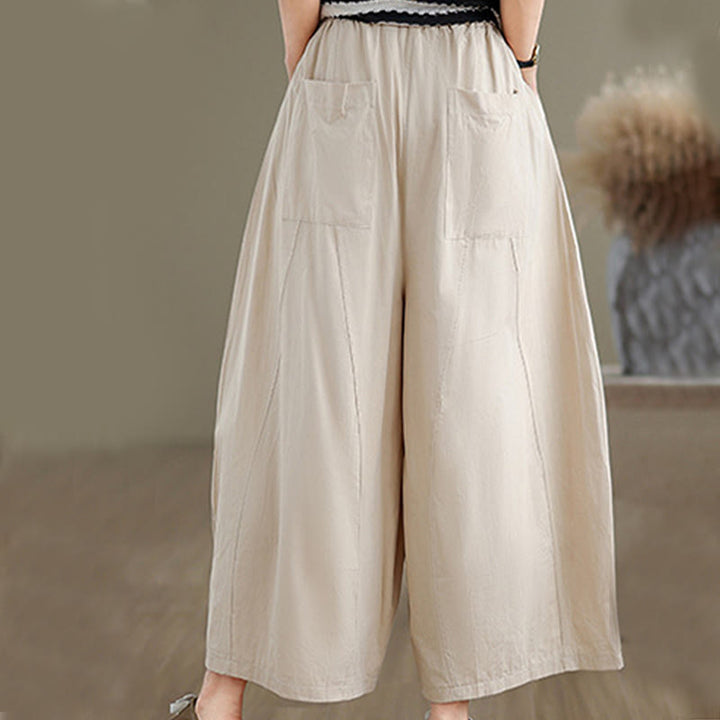 Pantalones casuales Buddha Stones de algodón liso para mujer, de pierna ancha, con bolsillos, tallas 7-8 - image 5
