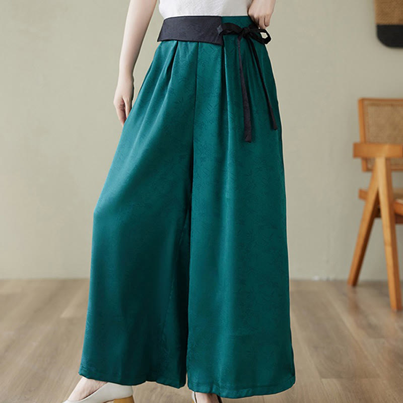 Pantalones casuales de algodón jacquard con cordones y pernera ancha para mujer con bolsillos de Buddha Stones - Cian oscuro - US8-10，UK/AU12-14，EU40-42 (2XL) - image 1