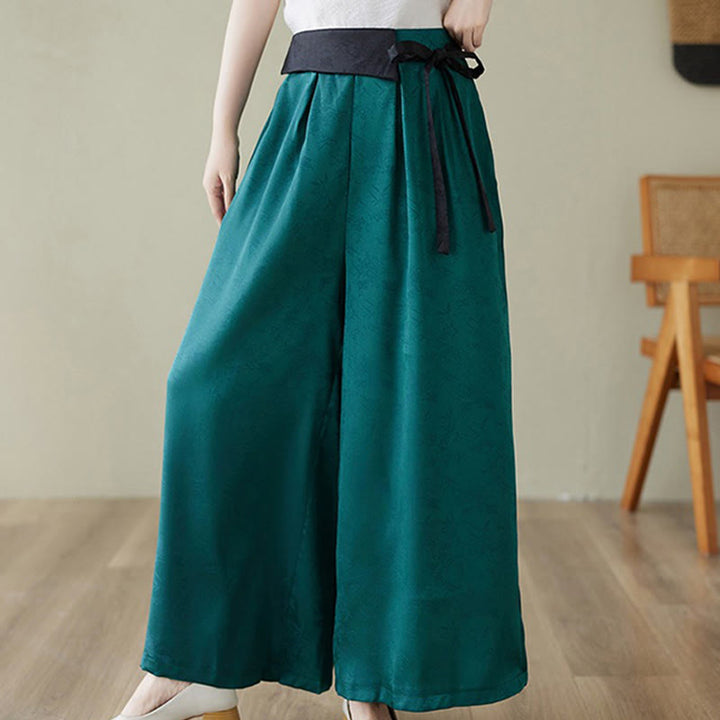 Pantalones casuales de algodón jacquard con cordones y pernera ancha para mujer con bolsillos de Buddha Stones - Cian oscuro - US8-10，UK/AU12-14，EU40-42 (2XL) - image 1