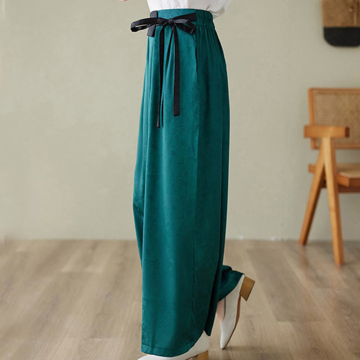 Pantalones casuales de algodón jacquard con cordones y pernera ancha para mujer con bolsillos de Buddha Stones - image 3