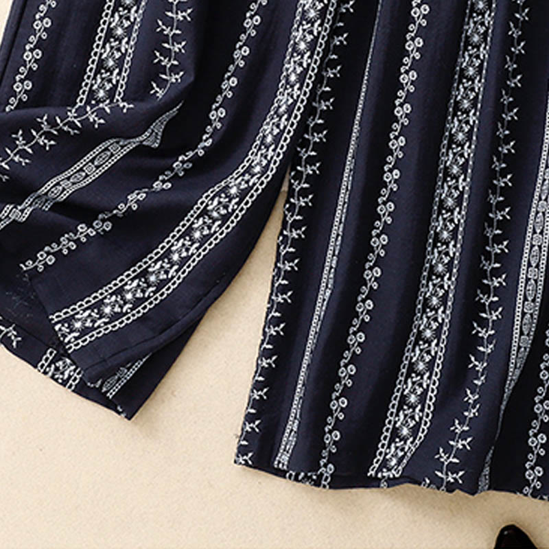 Pantalones anchos de lino y algodón con estampado vertical informal de Buddha Stones para mujer con bolsillos - image 3