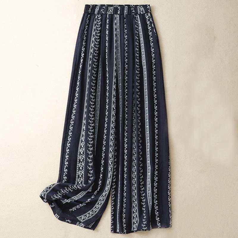 Pantalones anchos de lino y algodón con estampado vertical informal de Buddha Stones para mujer con bolsillos - Azul medianoche - US8-10，UK/AU12-14，EU40-42 (2XL) - image 1