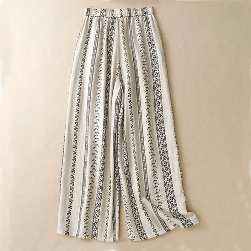 Pantalones anchos de lino y algodón con estampado vertical informal de Buddha Stones para mujer con bolsillos - image 7