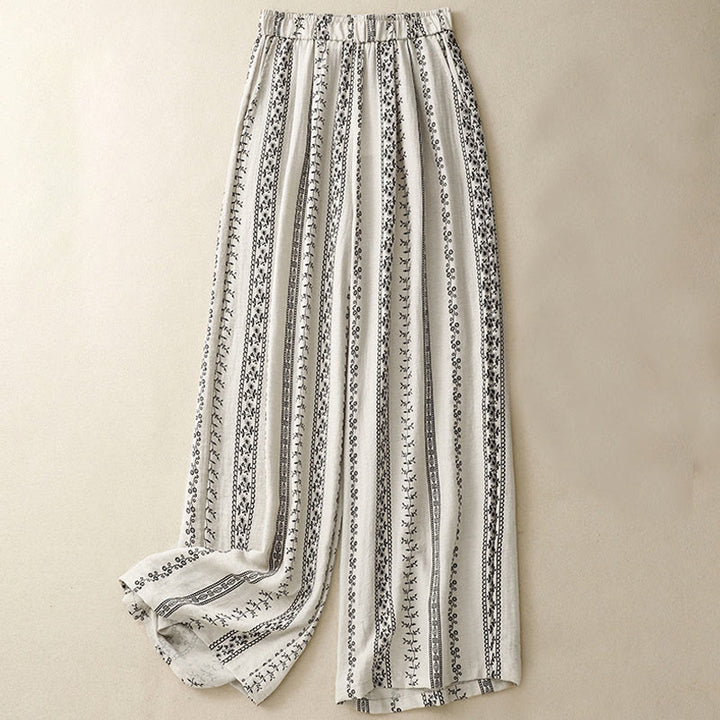 Pantalones anchos de lino y algodón con estampado vertical informal de Buddha Stones para mujer con bolsillos - Beige - US8-10，UK/AU12-14，EU40-42 (2XL) - image 5