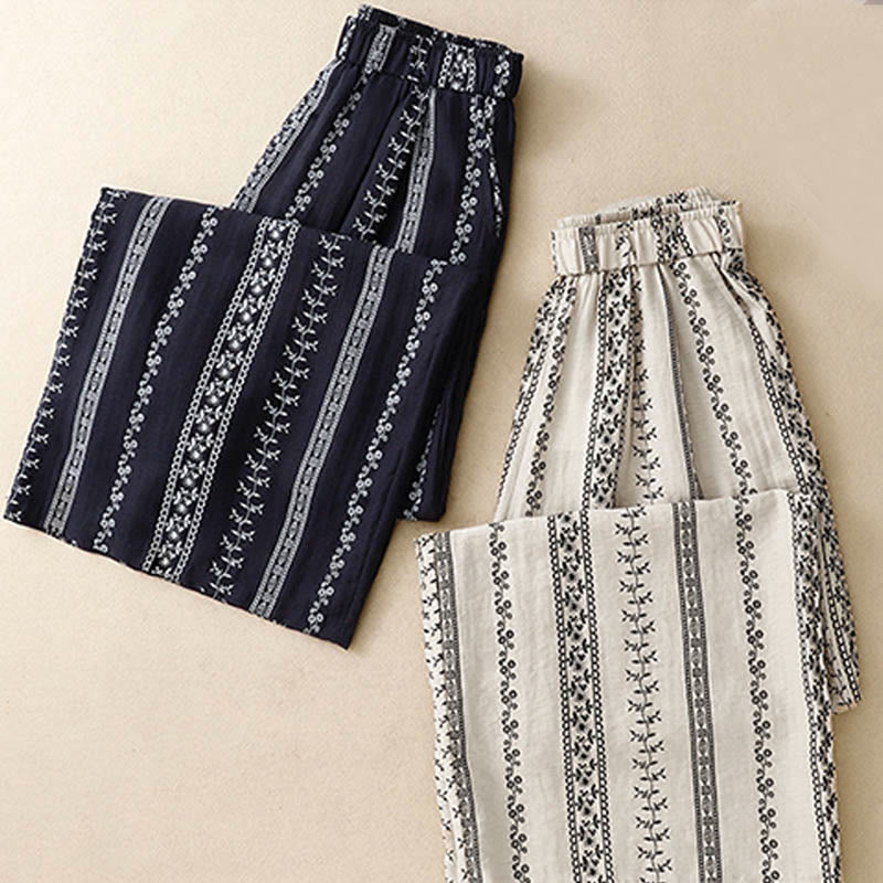 Pantalones anchos de lino y algodón con estampado vertical informal de Buddha Stones para mujer con bolsillos - image 16
