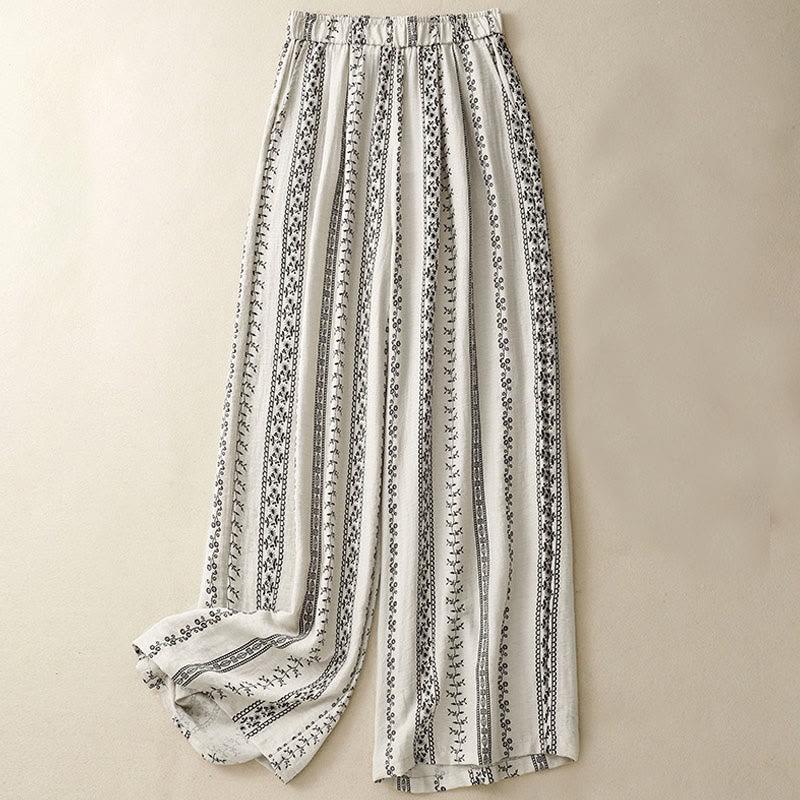 Pantalones anchos de lino y algodón con estampado vertical informal de Buddha Stones para mujer con bolsillos - Beige - US8-10，UK/AU12-14，EU40-42 (2XL) - image 6