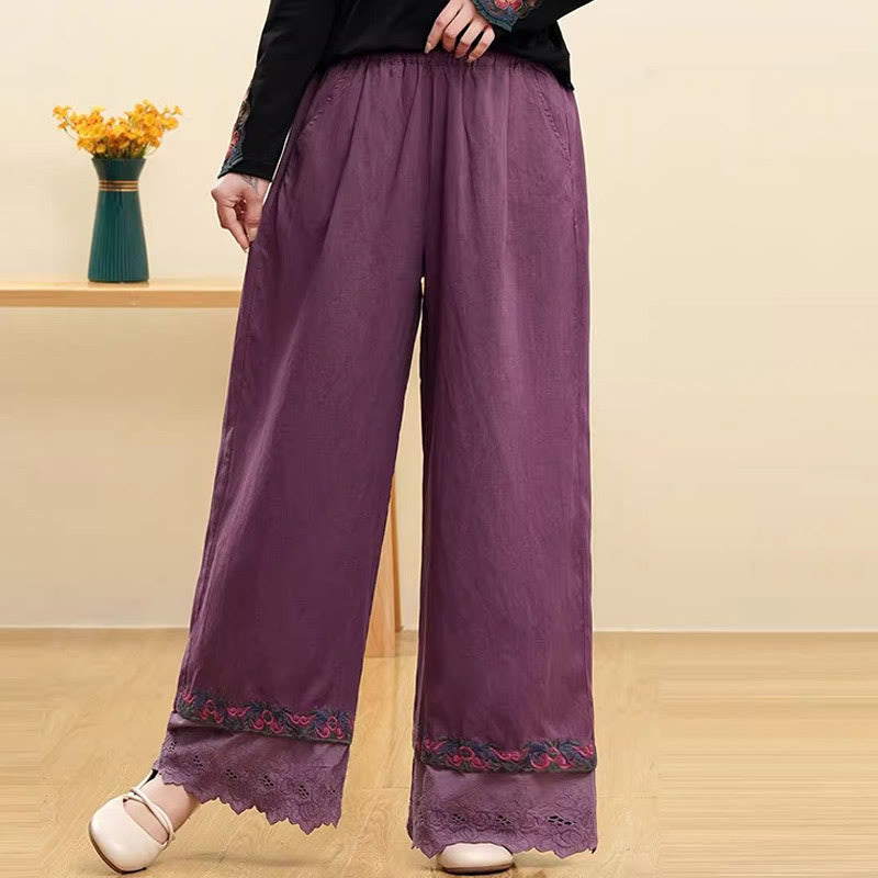 Pantalones anchos de lino y algodón con encaje bordado para mujer, informales, con bolsillos y estampados de Buddha Stones - Púrpura - US14, UK/AU18, EU46 (4XL) - image 1