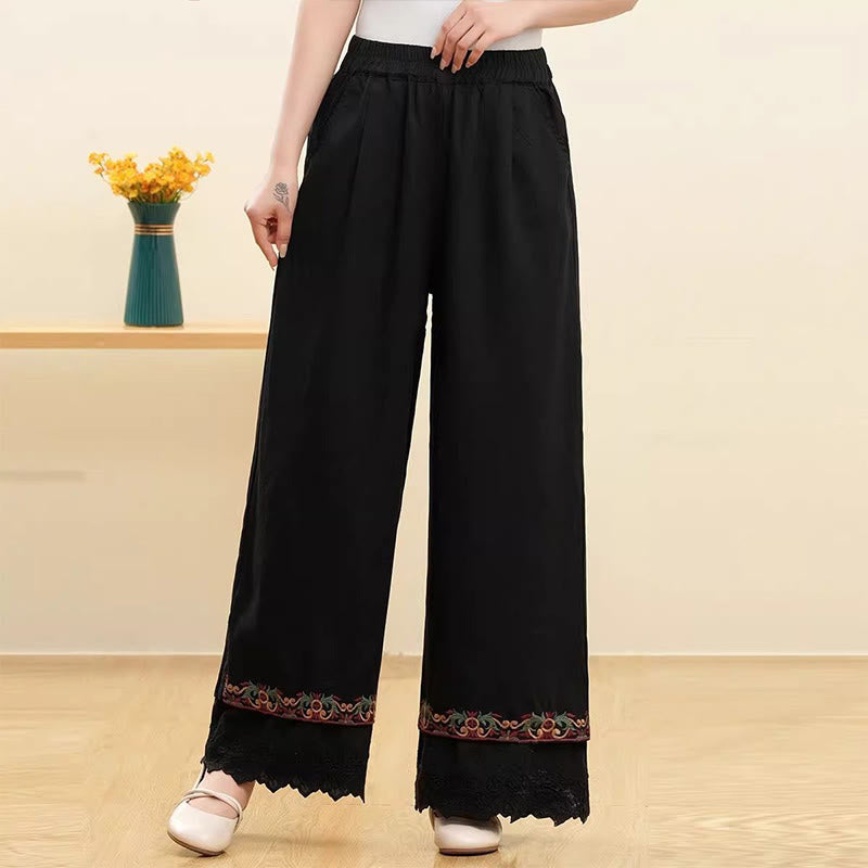 Pantalones anchos de lino y algodón con encaje bordado para mujer, informales, con bolsillos y estampados de Buddha Stones - Negro - US14, UK/AU18, EU46 (4XL) - image 5