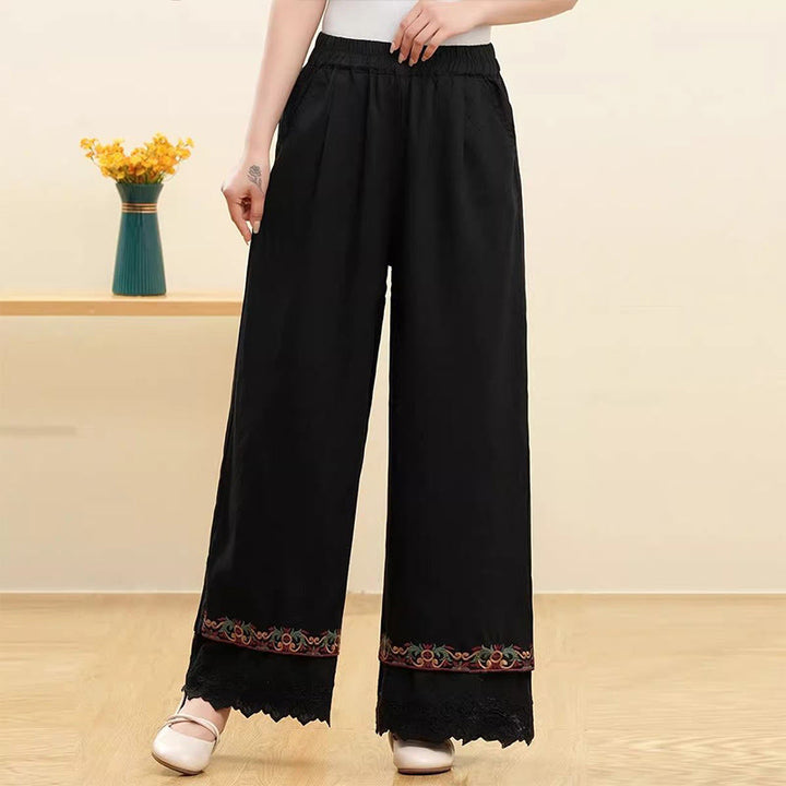 Pantalones anchos de lino y algodón con encaje bordado para mujer, informales, con bolsillos y estampados de Buddha Stones - Negro - US14, UK/AU18, EU46 (4XL) - image 5