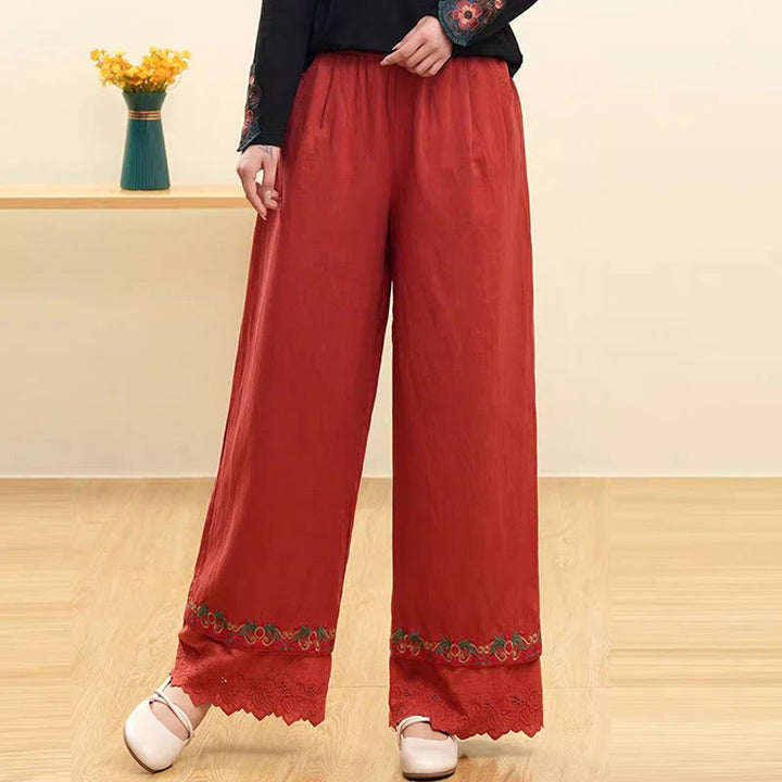 Pantalones anchos de lino y algodón con encaje bordado para mujer, informales, con bolsillos y estampados de Buddha Stones - Ladrillo refractario - US14, UK/AU18, EU46 (4XL) - image 2