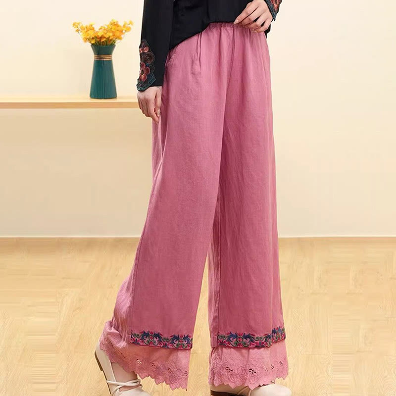 Pantalones anchos de lino y algodón con encaje bordado para mujer, informales, con bolsillos y estampados de Buddha Stones - Violeta pálido rojo - US14, UK/AU18, EU46 (4XL) - image 6