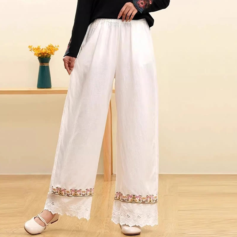 Pantalones anchos de lino y algodón con encaje bordado para mujer, informales, con bolsillos y estampados de Buddha Stones - Blanco - US14, UK/AU18, EU46 (4XL) - image 3
