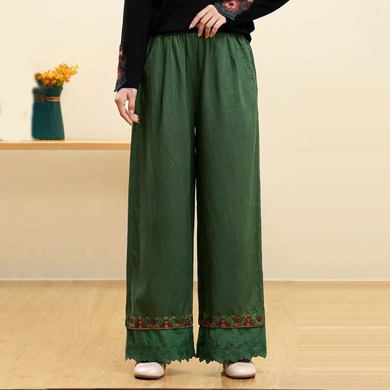 Pantalones anchos de lino y algodón con encaje bordado para mujer, informales, con bolsillos y estampados de Buddha Stones - Verde - US14, UK/AU18, EU46 (4XL) - image 4