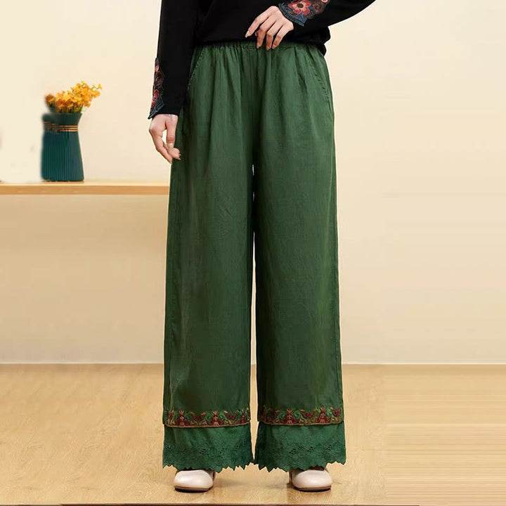 Pantalones anchos de lino y algodón con encaje bordado para mujer, informales, con bolsillos y estampados de Buddha Stones - Verde - US14, UK/AU18, EU46 (4XL) - image 4