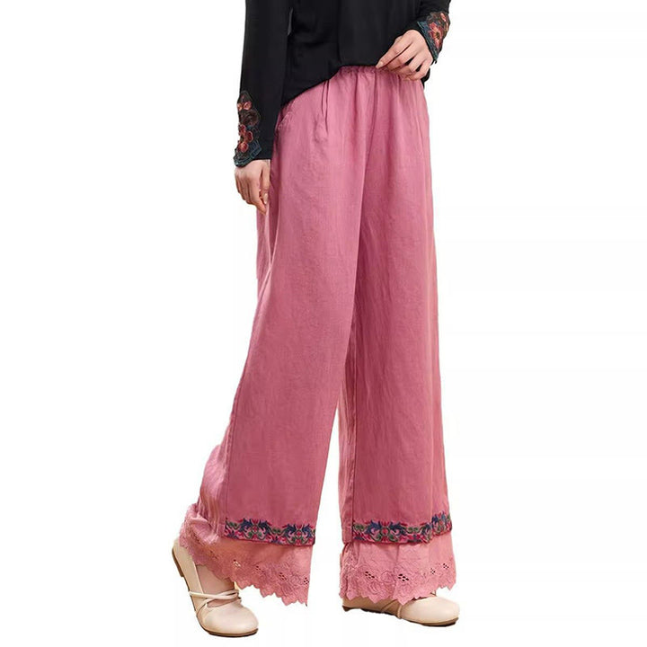 Pantalones anchos de lino y algodón con encaje bordado para mujer, informales, con bolsillos y estampados de Buddha Stones - image 7