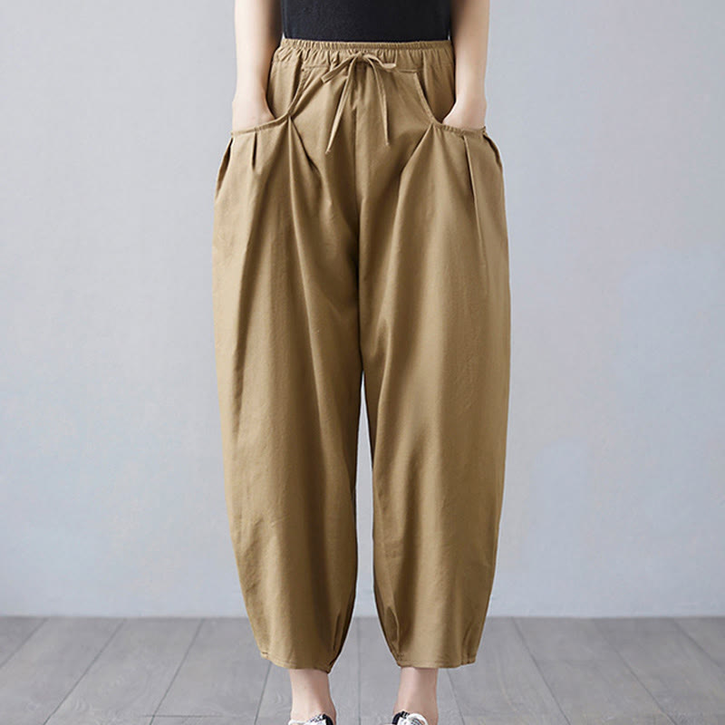 Pantalones cortos de verano Buddha Stones para mujer, de algodón y lino, con bolsillos - Caqui oscuro - US12, UK/AU16, EU44 (3XL) - image 1