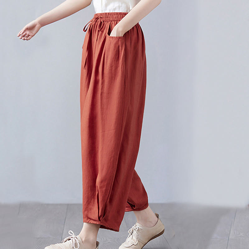 Pantalones cortos de verano Buddha Stones para mujer, de algodón y lino, con bolsillos - image 46